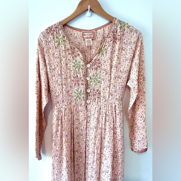 APRIL CORNELL Vintage 90s Feminine Pink Button Down Floral Embroidered Dress - Picture 9 of 11